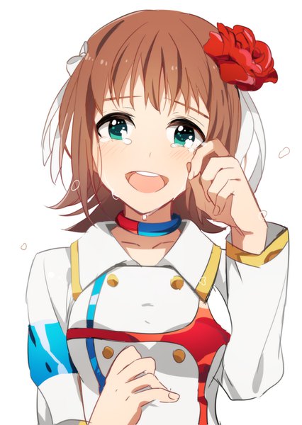 Anime picture 800x1126 with idolmaster idolmaster movie amami haruka eunram single tall image looking at viewer blush short hair open mouth simple background brown hair white background upper body head tilt hair flower aqua eyes tears girl flower (flowers)