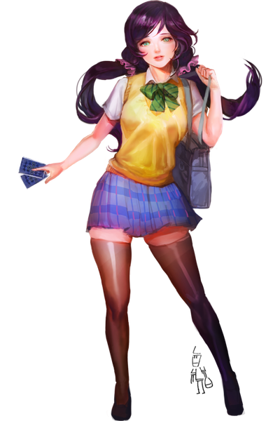 Anime picture 740x1110 with love live! school idol project sunrise (studio) love live! toujou nozomi nyubb single long hair tall image looking at viewer blush fringe breasts twintails holding purple hair pleated skirt aqua eyes short sleeves zettai ryouiki low twintails