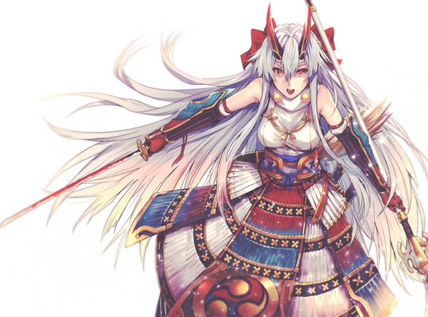 Anime picture 1280x950 with fate (series) fate/grand order tomoe gozen (fate) applekun single long hair looking at viewer fringe breasts open mouth simple background hair between eyes red eyes white background bare shoulders holding payot silver hair very long hair traditional clothes