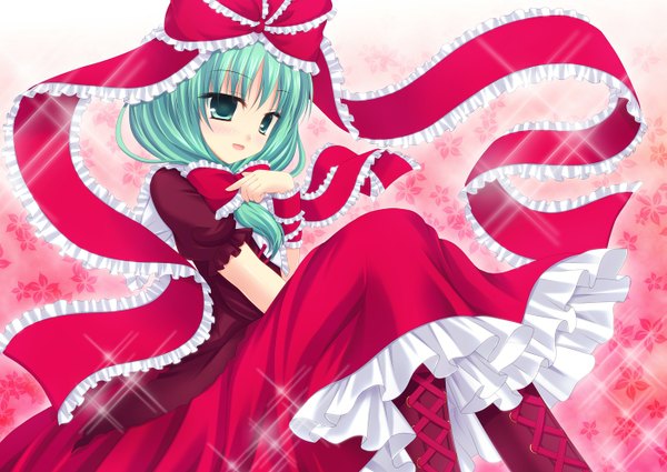 Anime picture 1403x994 with touhou kagiyama hina shimotsuki keisuke single long hair blush open mouth green eyes green hair girl dress ribbon (ribbons) frills