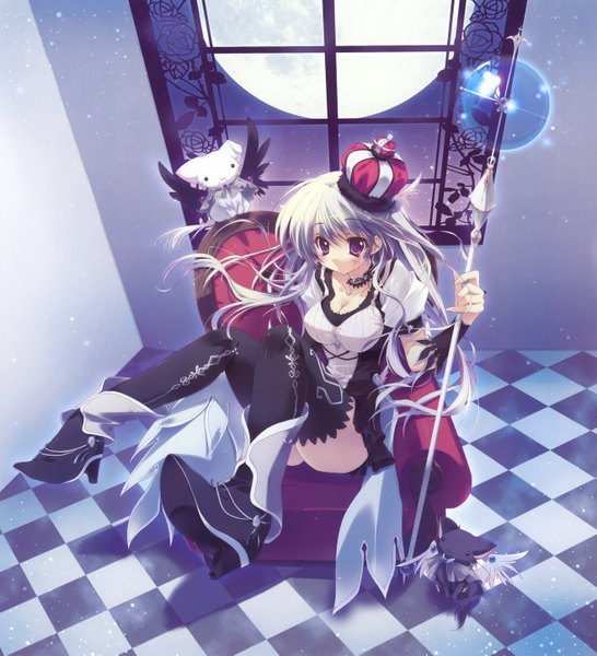 Anime picture 2632x2893 with izumi tsubasu long hair tall image highres purple eyes cleavage silver hair checkered floor girl thighhighs black thighhighs animal wings window moon cat staff crown throne