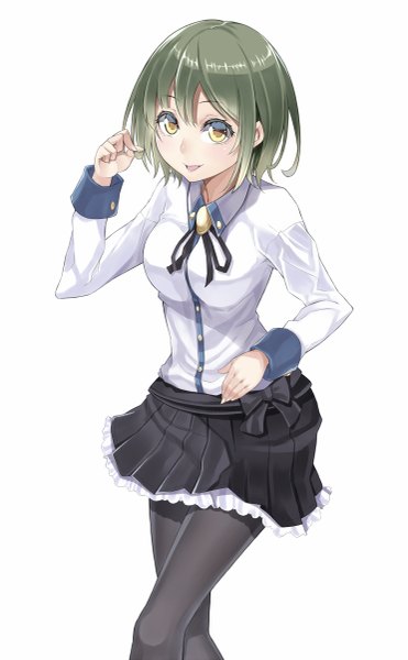 Anime picture 743x1200 with original ray-akila single tall image looking at viewer short hair open mouth simple background white background yellow eyes green hair girl skirt shirt
