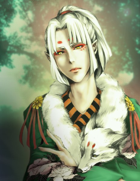 Anime picture 918x1187 with original tono peggy single tall image short hair yellow eyes looking away white hair ponytail head tilt pointy ears facial mark floral print striped elf black sclera boy plant (plants) animal tree (trees)