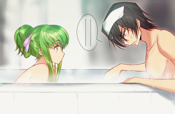 Anime picture 920x600 with code geass sunrise (studio) c.c. lelouch lamperouge creayus long hair fringe short hair light erotic black hair hair between eyes sitting purple eyes yellow eyes upper body profile green hair nude blurry wet