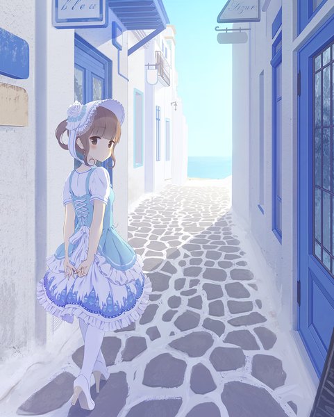 Anime picture 1405x1750 with original alc (ex2 lv) single tall image blush short hair brown hair brown eyes looking back girl dress frills building (buildings) bonnet