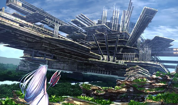 Anime picture 1698x1000 with original haru (ryosios) ryosios single long hair wide image looking away sky purple hair ahoge scenic river girl dress weapon plant (plants) white dress gun polearm fortress