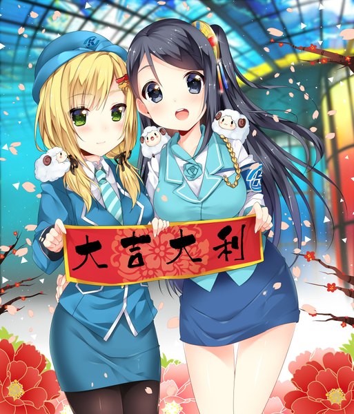 Anime picture 1710x2000 with original usagihime long hair tall image looking at viewer blush highres open mouth blue eyes black hair blonde hair multiple girls green eyes girl flower (flowers) 2 girls petals