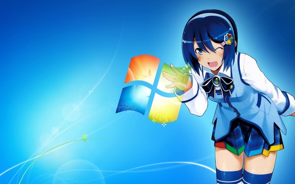 Anime picture 1680x1050 with os-tan windows (operating system) microsoft windows 7 madobe nanami blush short hair open mouth blue eyes wide image blue hair long sleeves one eye closed wink wallpaper thighhighs hair ornament bow ribbon (ribbons) hair ribbon