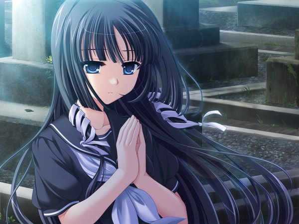 Anime picture 1600x1200 with tasogare no sinsemilla single long hair blue eyes black hair game cg girl ribbon (ribbons) hair ribbon