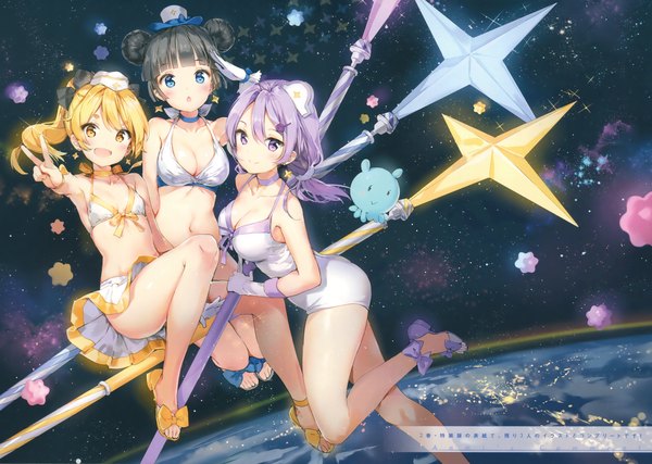 Anime picture 4211x3000 with houkago no pleiades itsuki (houkago no pleiades) hikaru (houkago no pleiades) pleiadean nanako (houkago no pleiades) anmi long hair looking at viewer blush fringe highres short hair breasts open mouth blue eyes light erotic black hair blonde hair smile hair between eyes