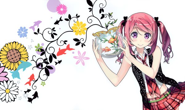 Anime picture 7038x4203 with original kurumi (kantoku) kantoku single looking at viewer blush highres simple background smile wide image white background purple eyes twintails bare shoulders absurdres red hair midriff girl skirt navel