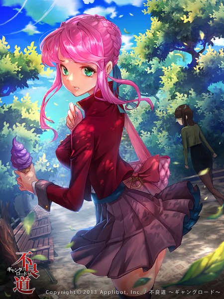 Anime picture 720x960 with furyou michi ~gang road~ wooju long hair tall image green eyes pink hair looking back girl thighhighs dress black thighhighs plant (plants) tree (trees) food sweets leaf (leaves) bag ice cream