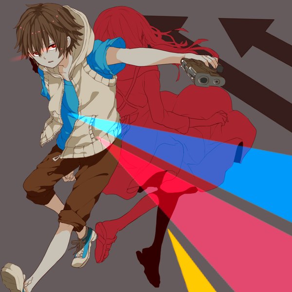 Anime picture 900x900 with kagerou project shaft (studio) amamiya hibiya asahina hiyori abararack long hair short hair red eyes brown hair looking away bent knee (knees) from behind grey background outstretched arm glowing glowing eye (eyes) back to back silhouette girl boy