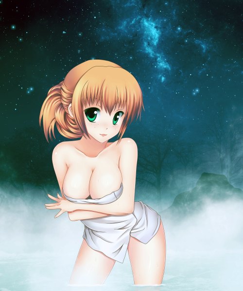 Anime picture 2000x2400 with lchrno single tall image looking at viewer blush highres short hair breasts light erotic blonde hair large breasts bare shoulders green eyes wet freckles naked towel girl towel