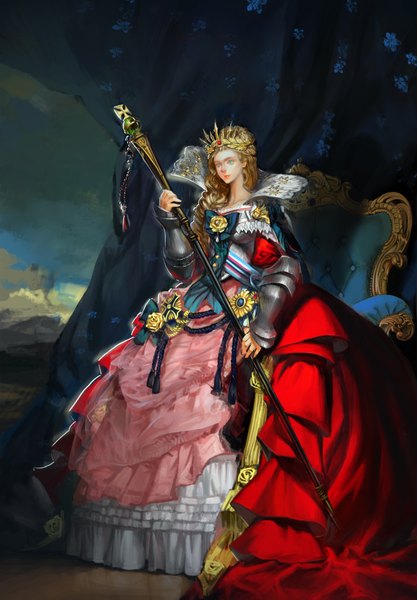 Anime picture 2818x4050 with original aisling (pixiv) long hair tall image looking at viewer highres blonde hair green eyes girl flower (flowers) frills armor rose (roses) curtains staff crown armored dress throne