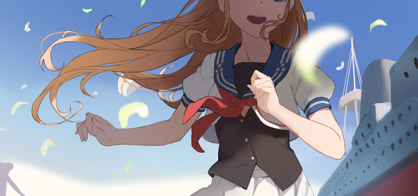 Anime picture 3186x1500 with warship girls r northampton (warship girls r) shuang ye single long hair highres open mouth brown hair wide image sky wind head out of frame sailor collar hat removed running headwear removed girl hat petals teardrop
