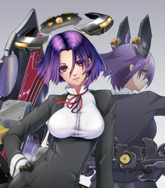 Anime picture 1056x1200 with kantai collection tenryuu light cruiser tatsuta light cruiser big.g tall image looking at viewer short hair breasts simple background smile purple eyes multiple girls yellow eyes purple hair looking back light smile lips grey background hand on hip close-up