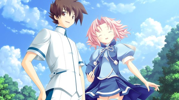Anime picture 1600x900 with volume7 rococoworks kino kyoka fue (tsuzuku) short hair brown hair wide image brown eyes pink hair sky cloud (clouds) outdoors eyes closed ^ ^ girl boy