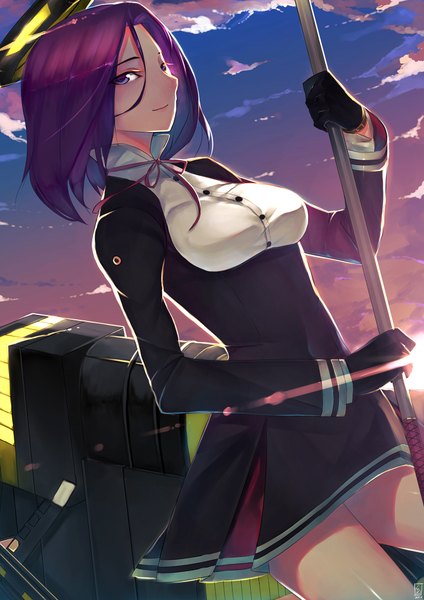 Anime picture 1414x2000 with kantai collection tatsuta light cruiser junp single tall image looking at viewer short hair blue eyes sky purple hair cloud (clouds) girl dress gloves weapon black gloves