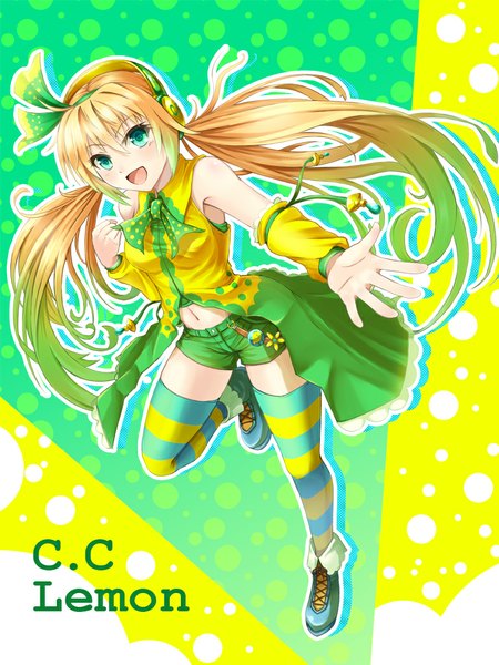 Anime picture 768x1024 with original c.c. lemon c.c. lemon (character) noe noel single long hair tall image looking at viewer blush open mouth blue eyes blonde hair twintails copyright name girl thighhighs detached sleeves shorts headphones striped thighhighs