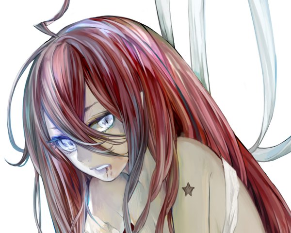 Anime picture 1280x1024 with original tcb (pixiv) single long hair fringe simple background white background bare shoulders red hair multicolored hair lips glowing looking down glowing eye (eyes) girl blood bandage (bandages)