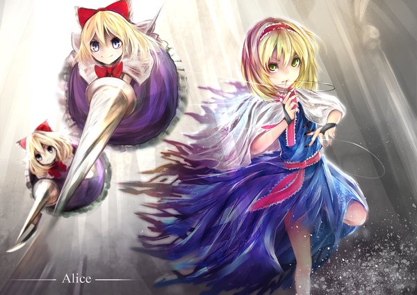 Anime picture 1600x1133 with touhou alice margatroid shanghai ankh (ankh 05) short hair blonde hair holding green eyes nail polish fingernails mouth hold flying running dress bow ribbon (ribbons) weapon hair bow hair ribbon frills