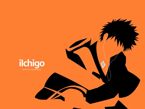 Anime picture 1024x768 with bleach studio pierrot ipod kurosaki ichigo silhouette parody orange background
