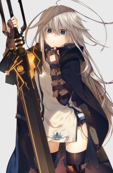 Anime picture 650x1000 with original teigi single long hair tall image looking at viewer fringe simple background hair between eyes white background holding ahoge grey hair grey eyes thighs fantasy girl thighhighs dress gloves