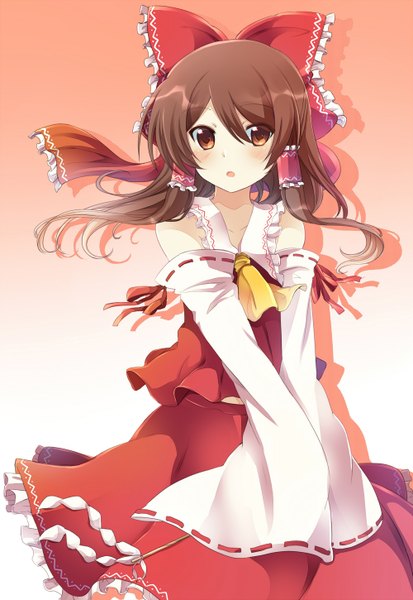 Anime picture 1000x1450 with touhou hakurei reimu rento (rukeai) single long hair tall image looking at viewer blush open mouth simple background brown hair white background twintails bare shoulders brown eyes traditional clothes girl skirt bow hair bow