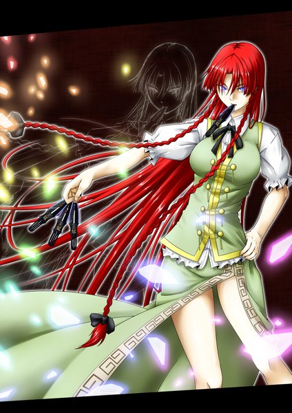 Anime picture 2893x4092 with touhou hong meiling niwatazumi single long hair tall image highres blue eyes red hair braid (braids) mouth hold girl dress skirt bow weapon hair bow skirt set dagger
