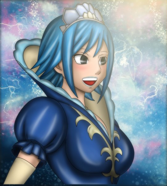 Anime picture 1530x1698 with fairy tail juvia lockser gray fullbuster (artist) single long hair tall image open mouth simple background smile blue hair grey eyes coloring light girl dress