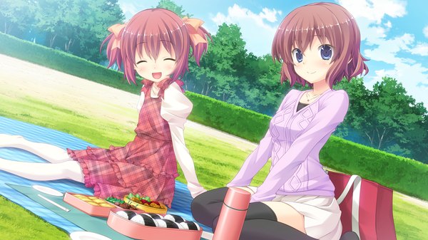 Anime picture 1280x720 with hare nochi kitto nanohana biyori blush short hair blue eyes smile brown hair wide image sitting multiple girls game cg sky cloud (clouds) eyes closed girl thighhighs dress black thighhighs 2 girls food child (children)