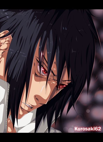 Anime picture 1284x1771 with naruto studio pierrot naruto (series) uchiha sasuke kurosaki62 single tall image short hair black hair red eyes coloring close-up face angry sharingan rinnegan boy