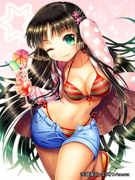 Anime picture 700x933 with junketsu duelion ells (ellsat) single long hair tall image blush light erotic black hair smile green eyes one eye closed hair flower wink bare belly polka dot open shorts girl navel hair ornament flower (flowers)