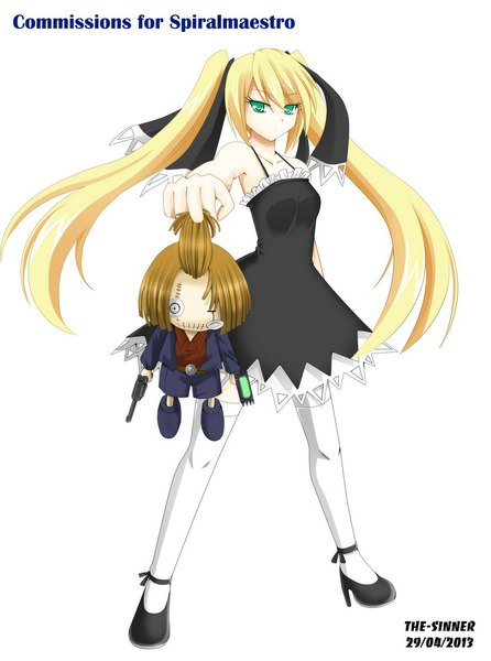 Anime picture 800x1076 with shaman king xebec marion phauna chak the-sinner single long hair tall image simple background blonde hair white background twintails green eyes girl thighhighs dress white thighhighs black dress doll (dolls)