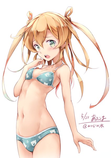 Anime picture 1000x1414 with kantai collection abukuma light cruiser mousoup single long hair tall image looking at viewer blush fringe breasts open mouth light erotic simple background blonde hair hair between eyes standing white background twintails green eyes signed