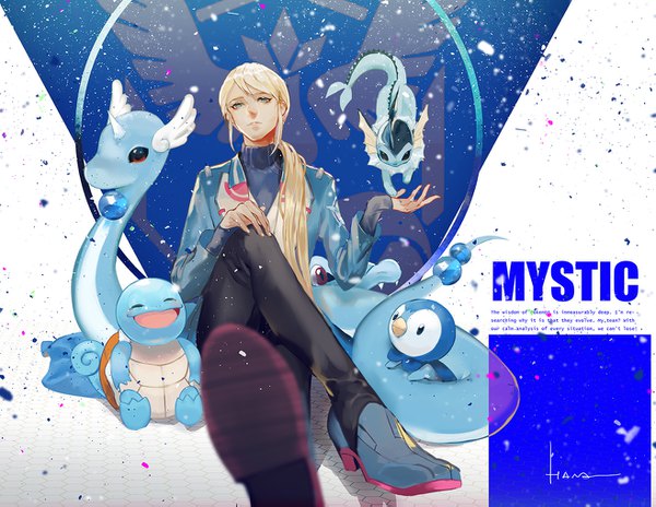 Anime picture 1316x1019 with pokemon pokemon (game) pokemon go nintendo piplup vaporeon squirtle totodile dragonair blanche (pokemon) say hana long hair blonde hair sitting green eyes signed looking away depth of field crossed legs text