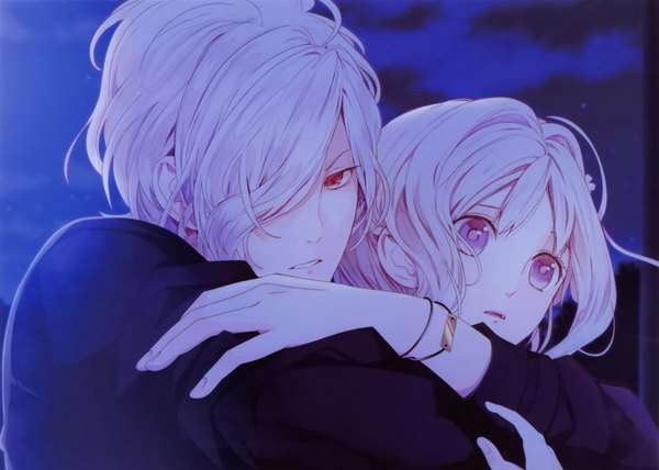 Anime picture 1817x1297 with diabolik lovers idea factory sakamaki subaru komori yui satoi (artist) long hair tall image looking at viewer blush highres short hair open mouth blonde hair red eyes looking away white hair pink eyes night night sky hug