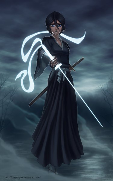 Anime picture 1000x1600 with bleach studio pierrot kuchiki rukia kostanryuk single tall image short hair blue eyes black hair smile cloud (clouds) traditional clothes japanese clothes night night sky coloring light smoke girl ribbon (ribbons)