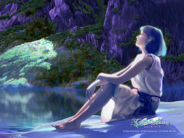 Anime picture 1600x1200 with kagaya single short hair sitting blue hair barefoot realistic beach looking up rock 3d girl water sea
