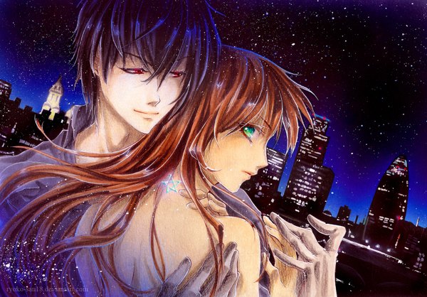 Anime picture 1500x1046 with ryoko-san18 (artist) long hair short hair black hair red eyes green eyes blue hair profile night night sky couple hug city holding hands cityscape city lights space girl boy shirt