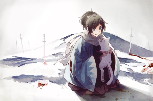 Anime picture 1200x794 with touken ranbu nitroplus yamato no kami yasusada takerusilt single short hair blue eyes black hair sitting ponytail light smile grey background looking down snow bloody clothes shinsengumi boy weapon animal sword