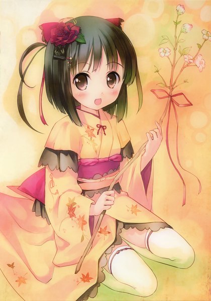 Anime picture 2128x3038 with original takoyaki (roast) single tall image blush highres short hair open mouth black hair brown eyes japanese clothes hair flower scan girl thighhighs hair ornament flower (flowers) white thighhighs kimono