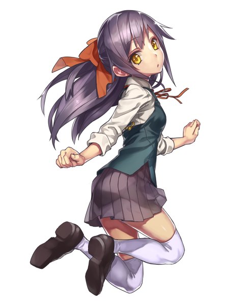 Anime picture 768x1024 with original nakasaki hydra single long hair tall image looking at viewer simple background white background yellow eyes purple hair spread arms half updo jumping girl thighhighs uniform bow hair bow school uniform white thighhighs