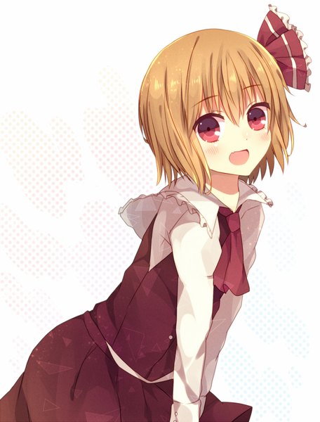 Anime picture 609x800 with touhou rumia abandon ranka single tall image looking at viewer blush fringe short hair open mouth blonde hair hair between eyes red eyes white background :d leaning leaning forward girl skirt bow