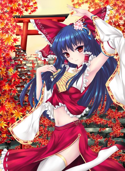 Anime picture 880x1200 with touhou hakurei reimu fred0092 single long hair tall image looking at viewer red eyes blue hair girl thighhighs dress skirt bow hair bow detached sleeves white thighhighs leaf (leaves) skirt set fan