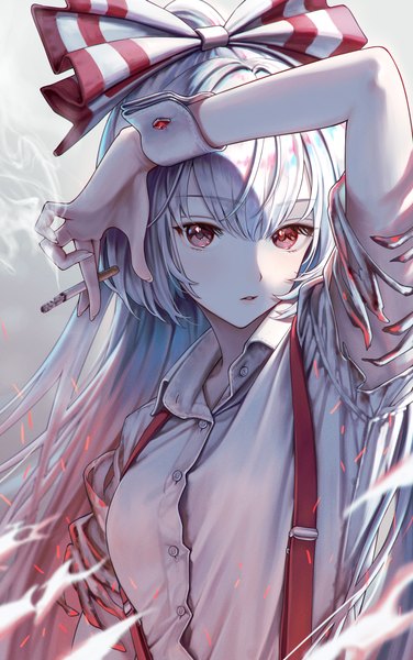 Anime picture 2301x3670 with touhou fujiwara no mokou torinari (dtvisu) single long hair tall image looking at viewer fringe highres hair between eyes red eyes silver hair upper body arm up torn clothes shaded face smoke open collar girl bow