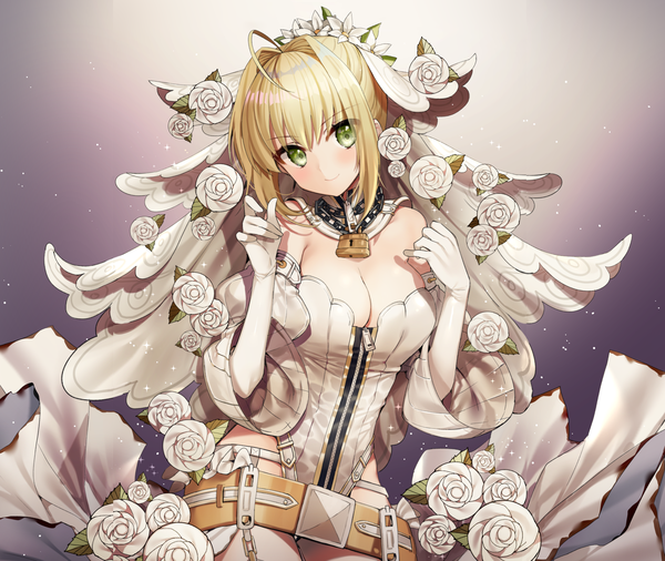 Anime picture 1891x1597 with fate (series) fate/extra fate/extra ccc nero claudius (fate) (all) nero claudius (bride) (fate) gambe single looking at viewer blush highres short hair breasts light erotic blonde hair simple background smile large breasts green eyes payot cleavage