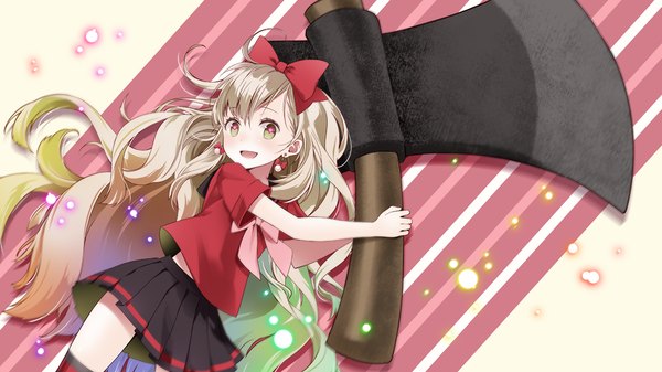 Anime picture 1200x675 with vocaloid mayu (vocaloid) wogura single long hair blush open mouth blonde hair wide image girl skirt bow hair bow miniskirt axe