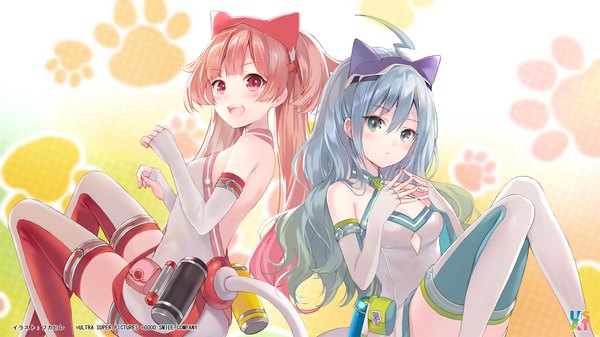 Anime picture 1920x1080 with ultra super anime time supika (ultra super anime time) sumako (ultra super anime time) fukahire (ruinon) long hair looking at viewer blush fringe highres breasts open mouth hair between eyes red eyes wide image sitting twintails bare shoulders multiple girls animal ears payot